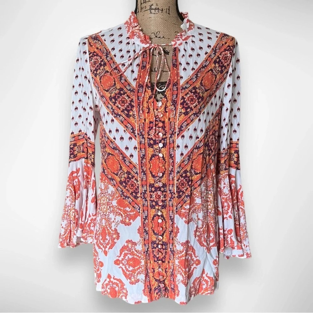 FREE PEOPLE Magic Mystery Boho Orange And Cream Tunic Dress XS‎ | EUC - Picture 2 of 8